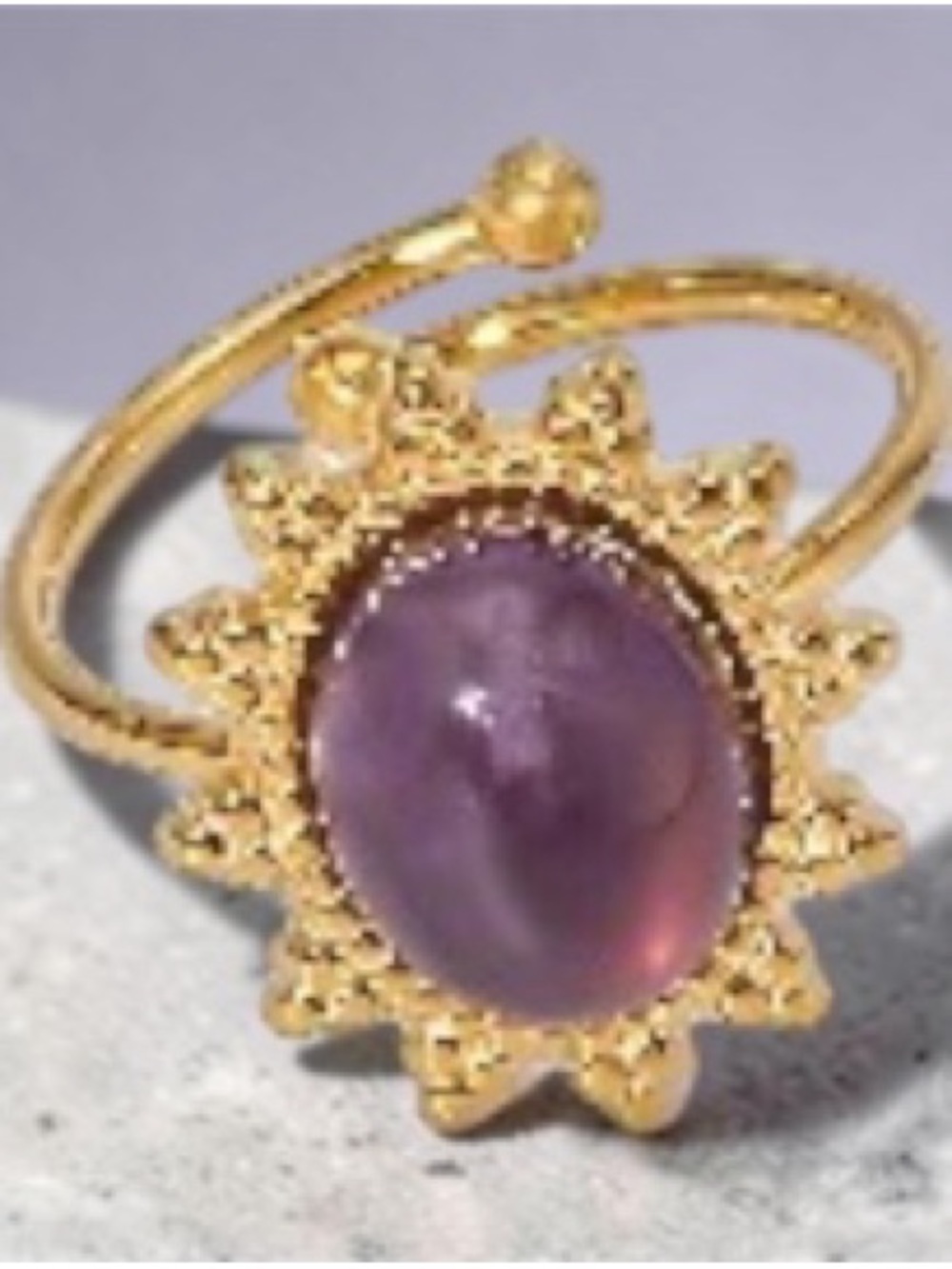 Gold-Plated Sunburst adjustable Ring with Purple Stone
